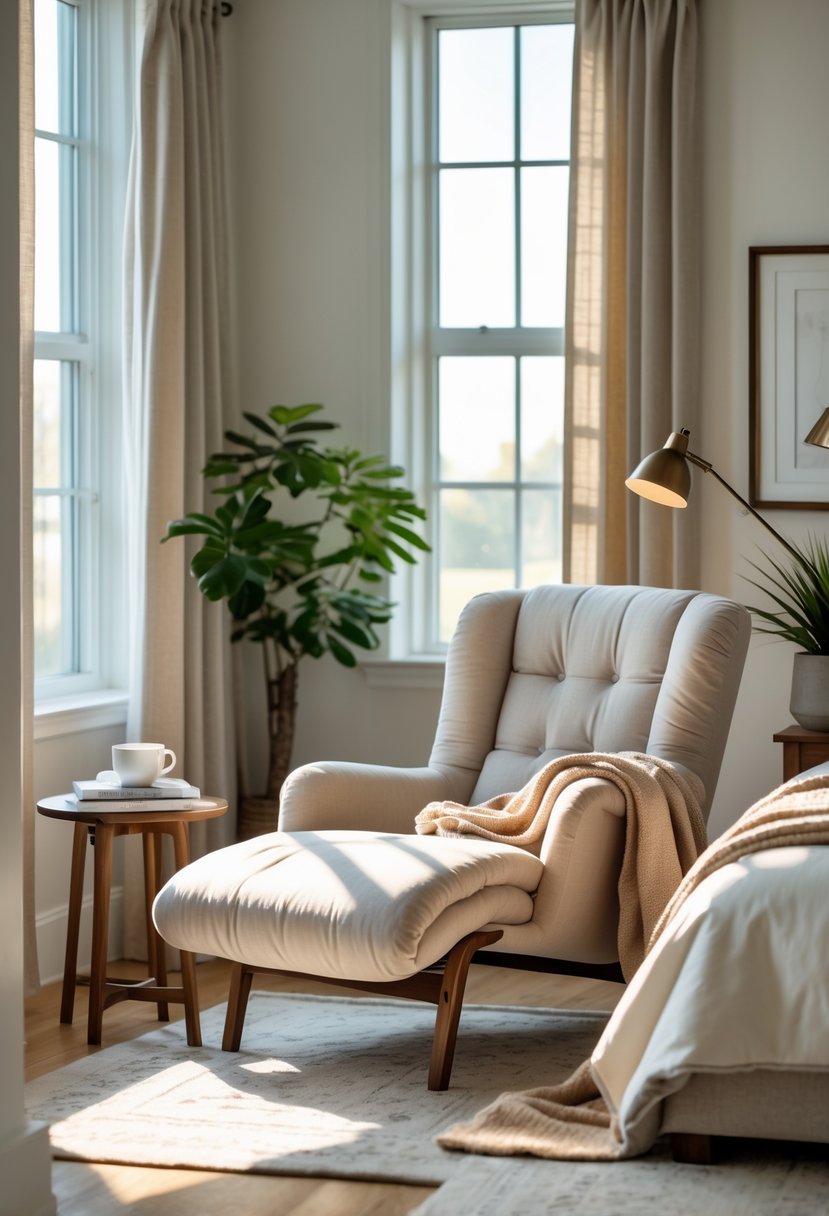 A cozy lounge chair next to a window with a side table holding a cup and books in a master bedroom reading corner.