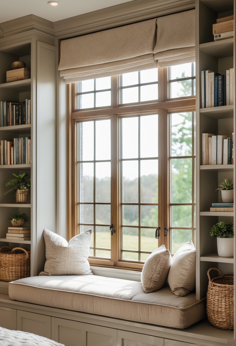 A master bedroom reading nook with built-in shelves filled with books and a cushioned bench under a large window.