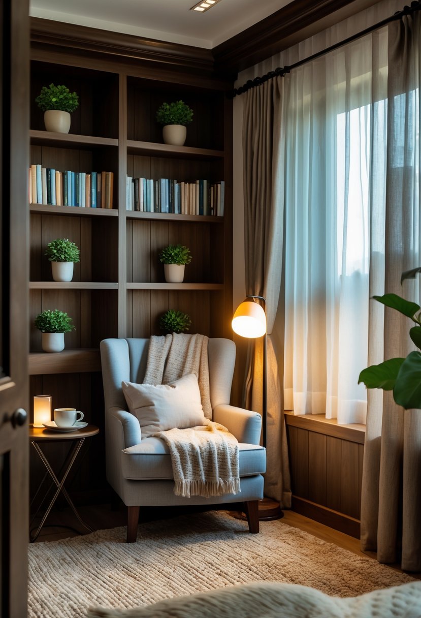 A cozy reading nook in a bedroom with a comfortable armchair, bookshelves, a side table with a cup, and soft natural light coming through a window.