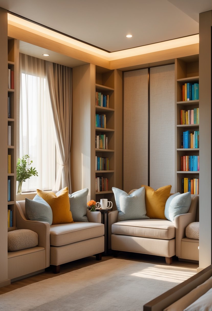 A cozy reading nook with two comfortable seats, bookshelves filled with books, soft natural light, and a small table with mugs, set in a master bedroom.
