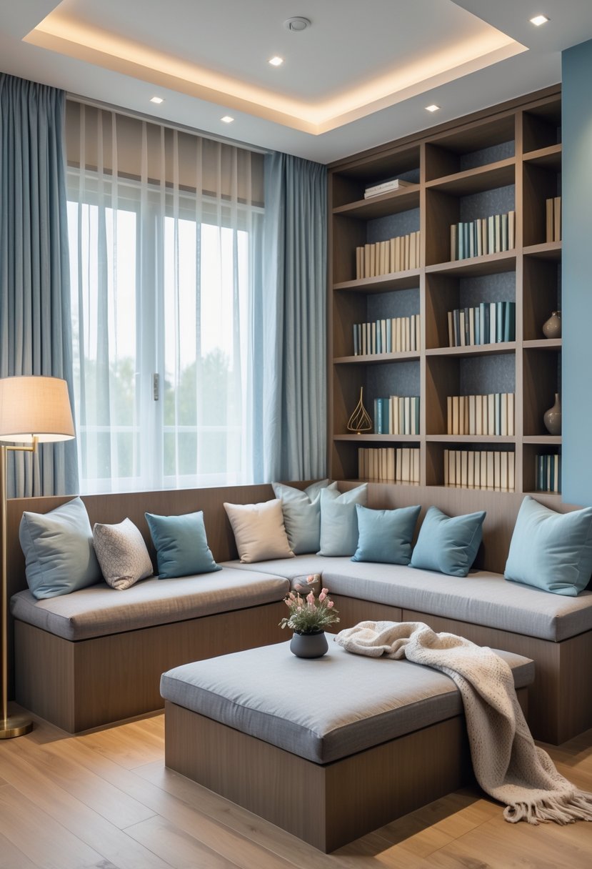 A small sunken seating area in a master bedroom with cushions, bookshelves, and soft natural light.