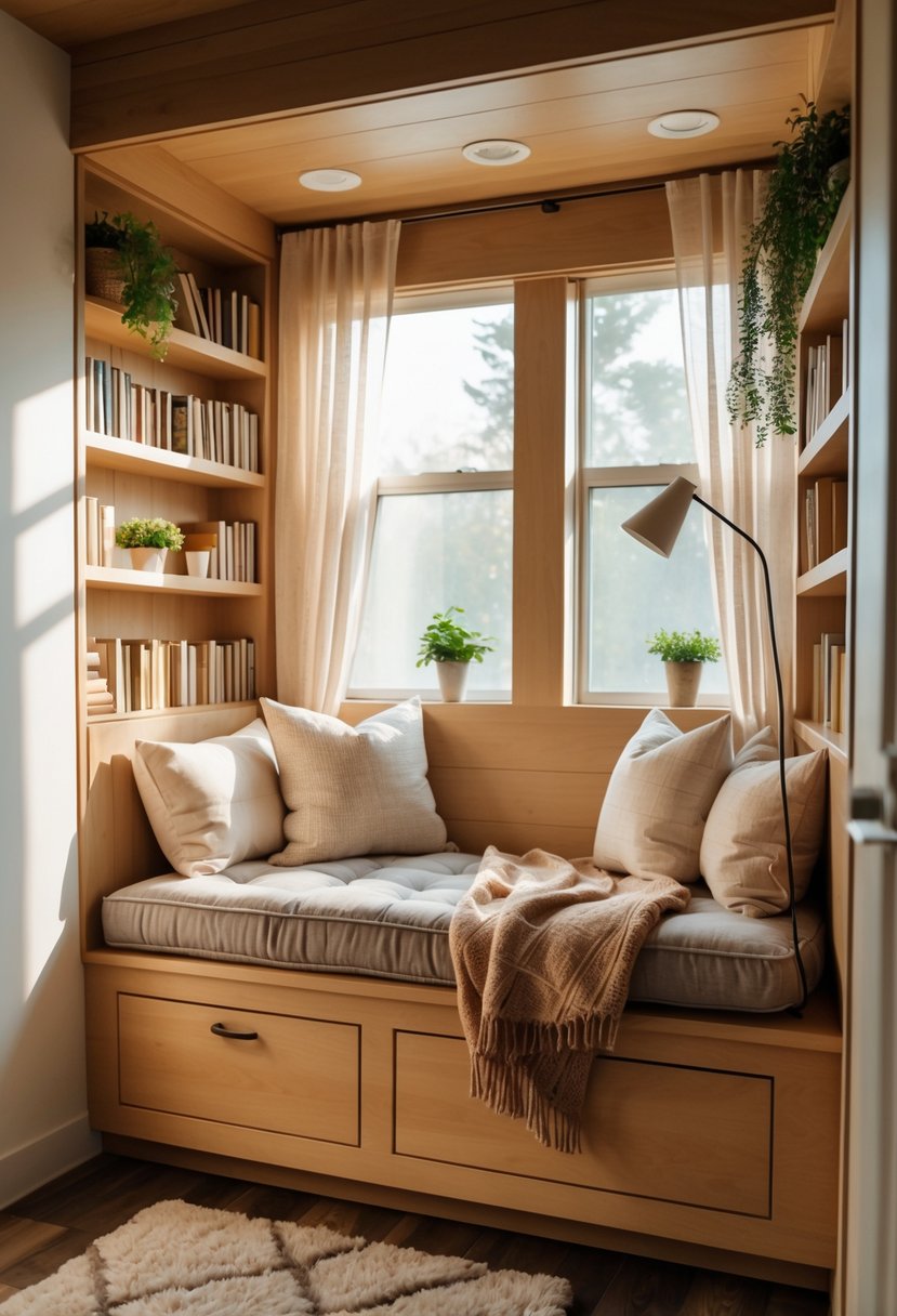 A small bedroom corner with a cushioned bench, bookshelves, pillows, and a floor lamp by a window.