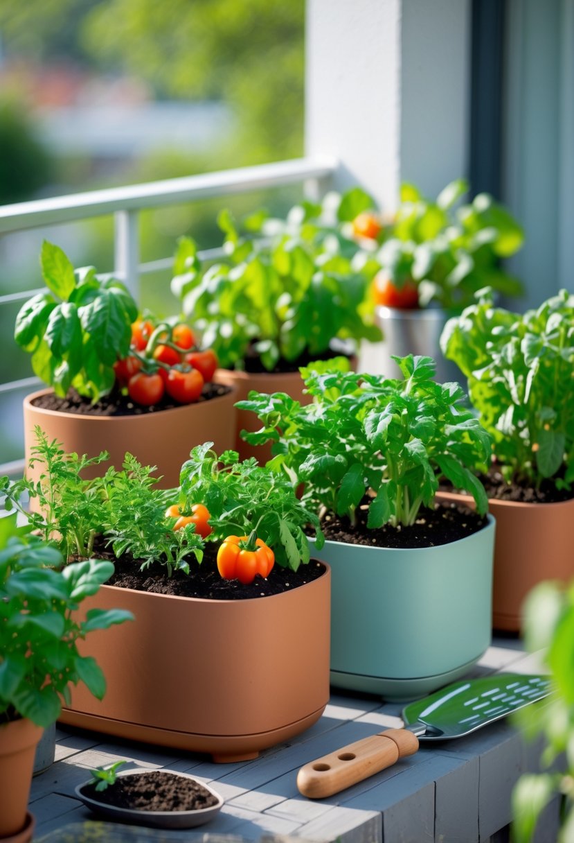 A container garden with various healthy vegetable plants growing in neatly arranged pots on a sunlit balcony.