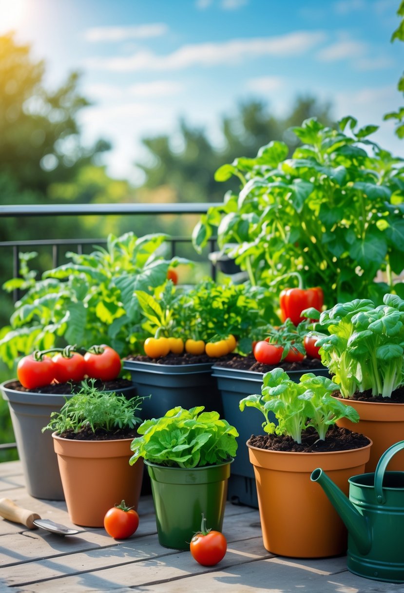 Various vegetables growing in containers on a sunny patio with gardening tools nearby.