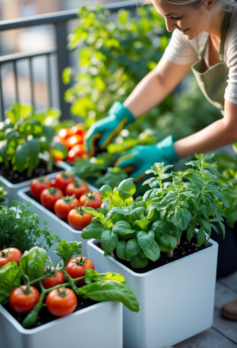 A person tending to healthy vegetables growing in containers on a patio.