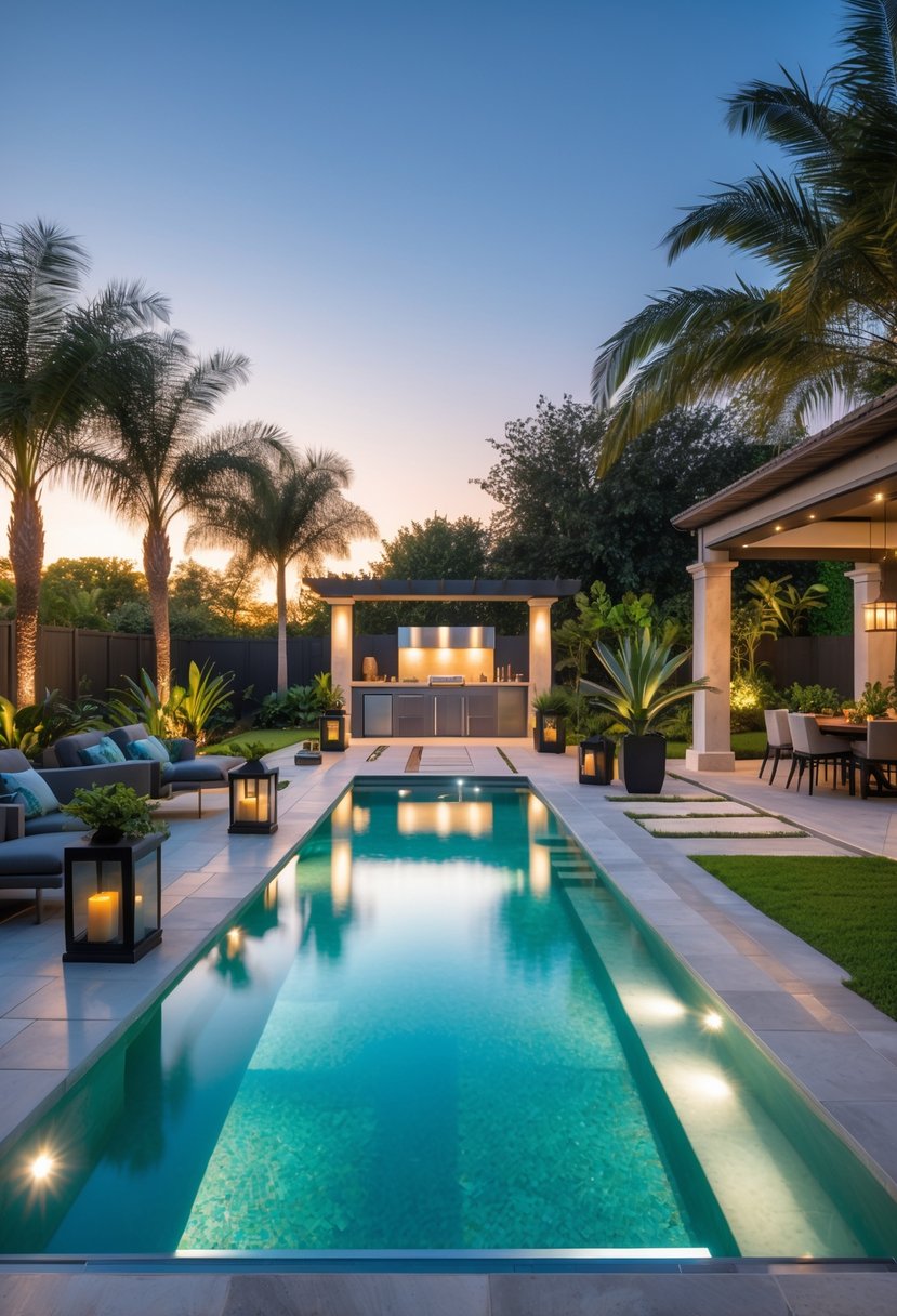 A luxury backyard with a large swimming pool, outdoor furniture, lush plants, and an outdoor kitchen under a clear sky.