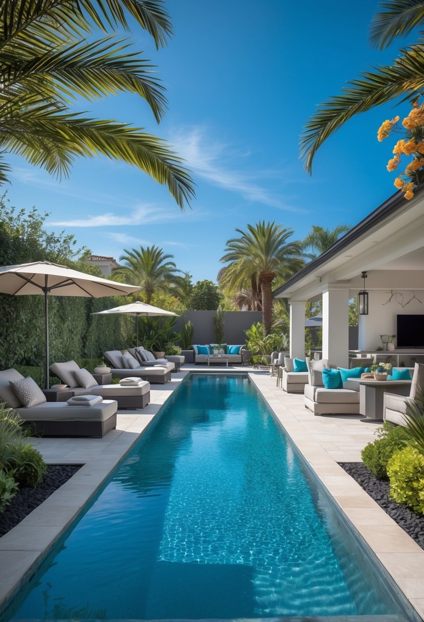 A luxurious backyard with a large swimming pool surrounded by lounge chairs, umbrellas, greenery, and an outdoor kitchen area.