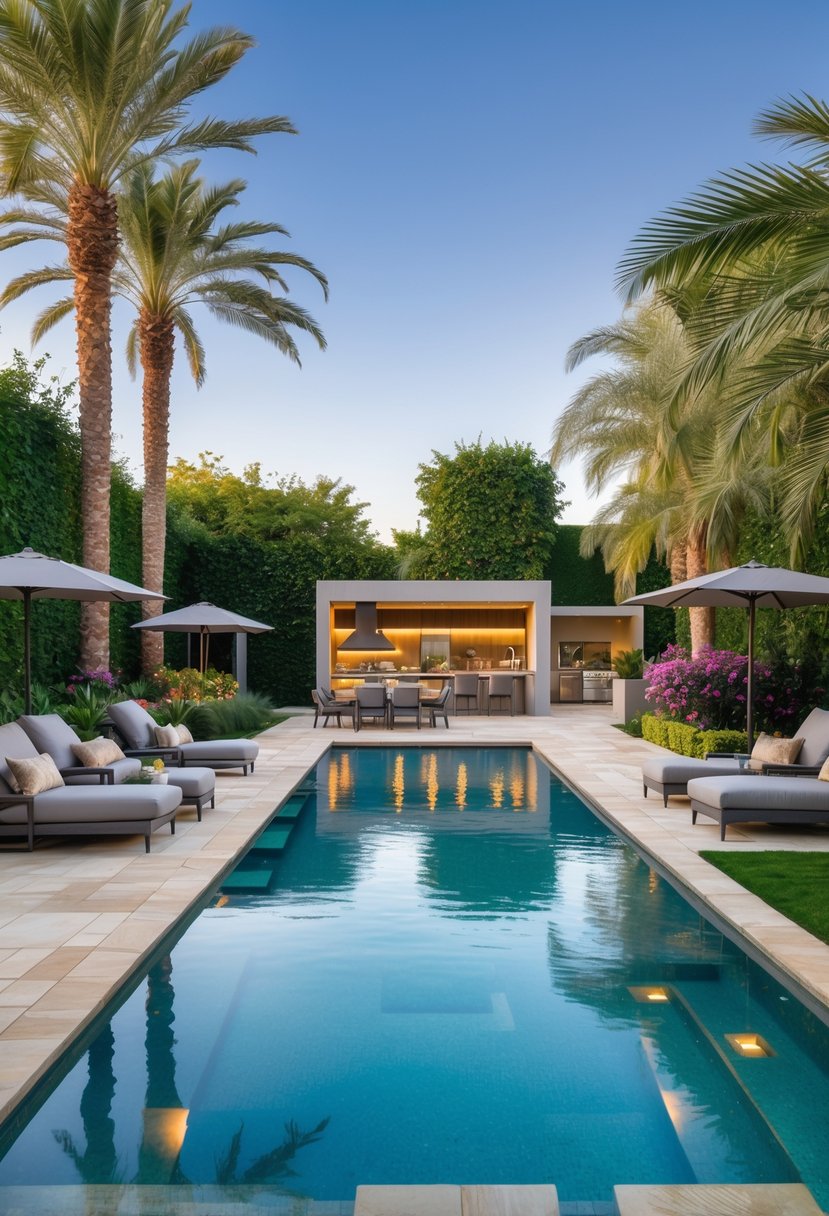 A large backyard swimming pool surrounded by lounge chairs, umbrellas, plants, and an outdoor kitchen area under a clear sky.