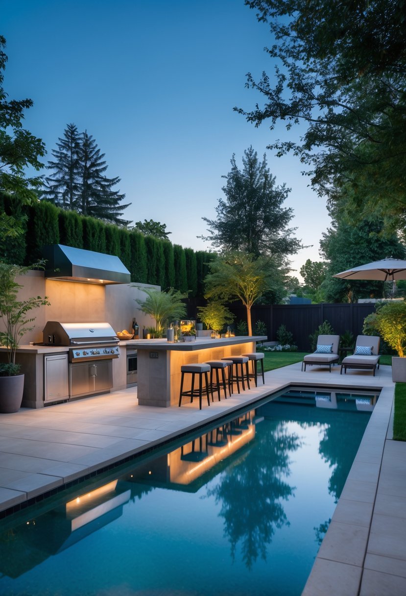 A backyard with a modern outdoor kitchen and BBQ area next to a swimming pool surrounded by plants and outdoor furniture.