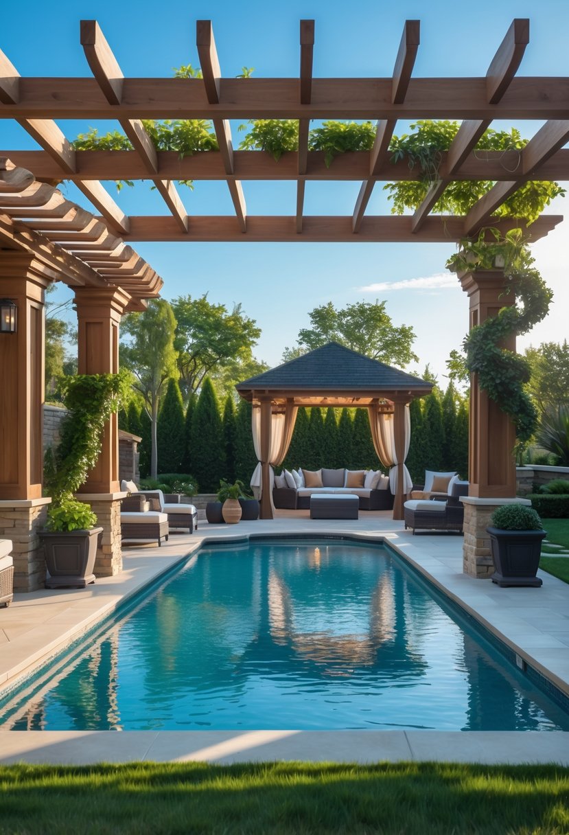 A backyard with a swimming pool, a wooden pergola with climbing plants, a gazebo with seating, and surrounding greenery.