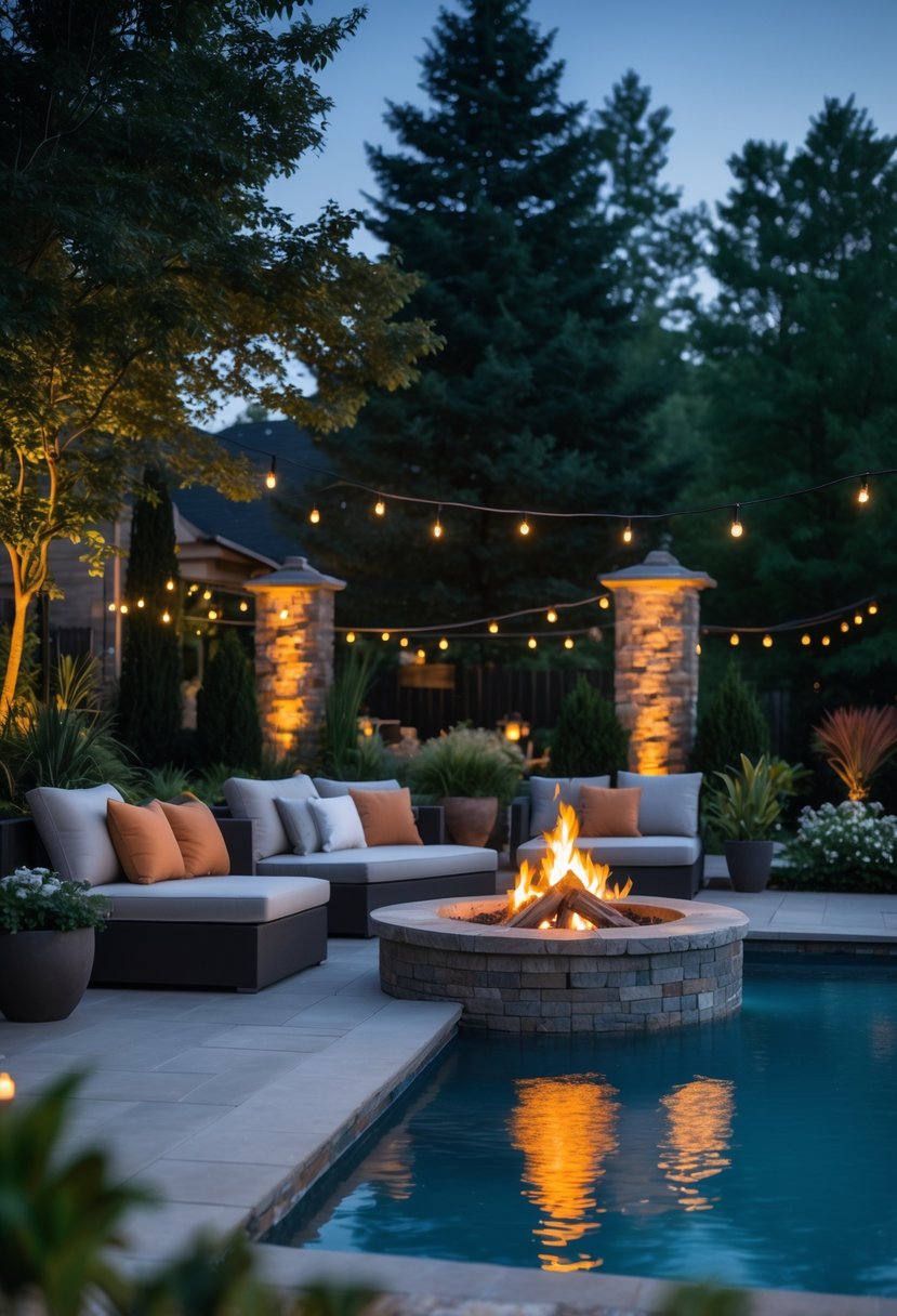 A backyard with a swimming pool and a cozy fire pit lounge area surrounded by outdoor seating and plants.
