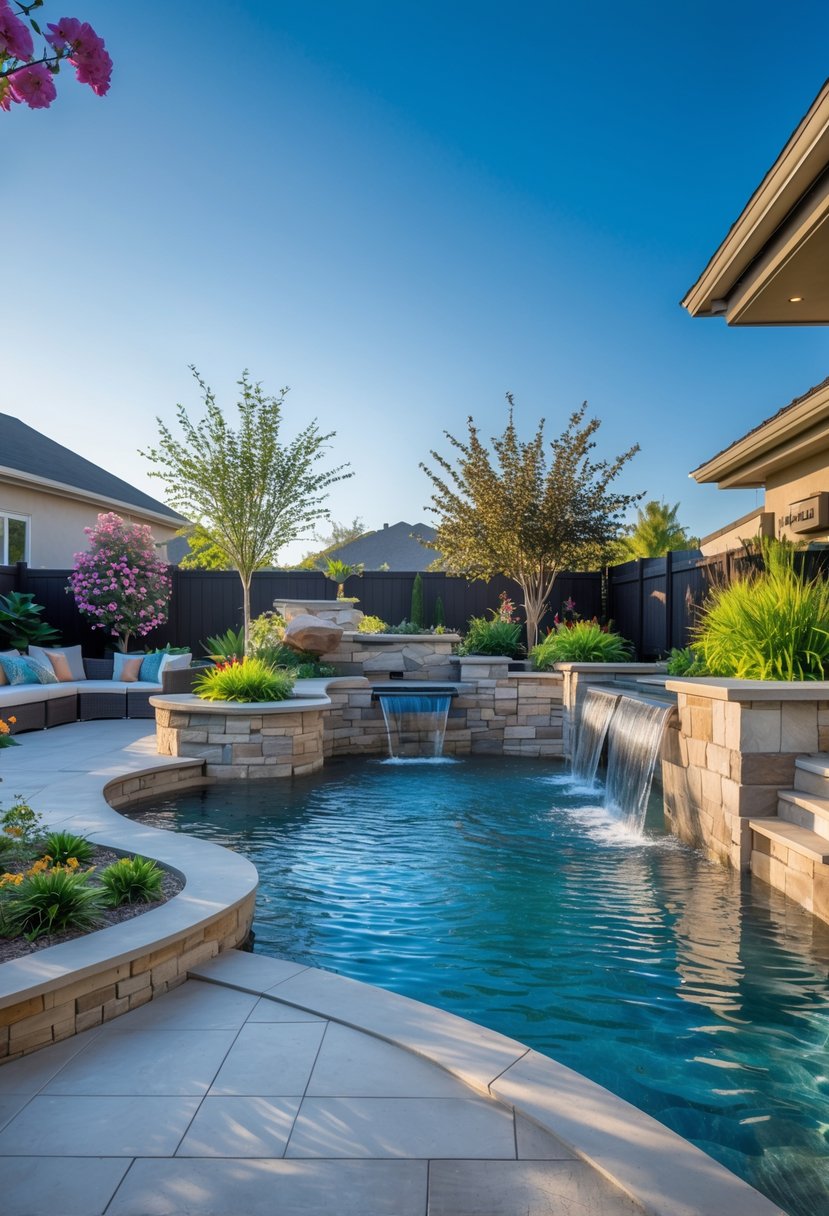 Luxury backyard with a pool, waterfall, koi pond, fountain, and comfortable seating surrounded by plants.