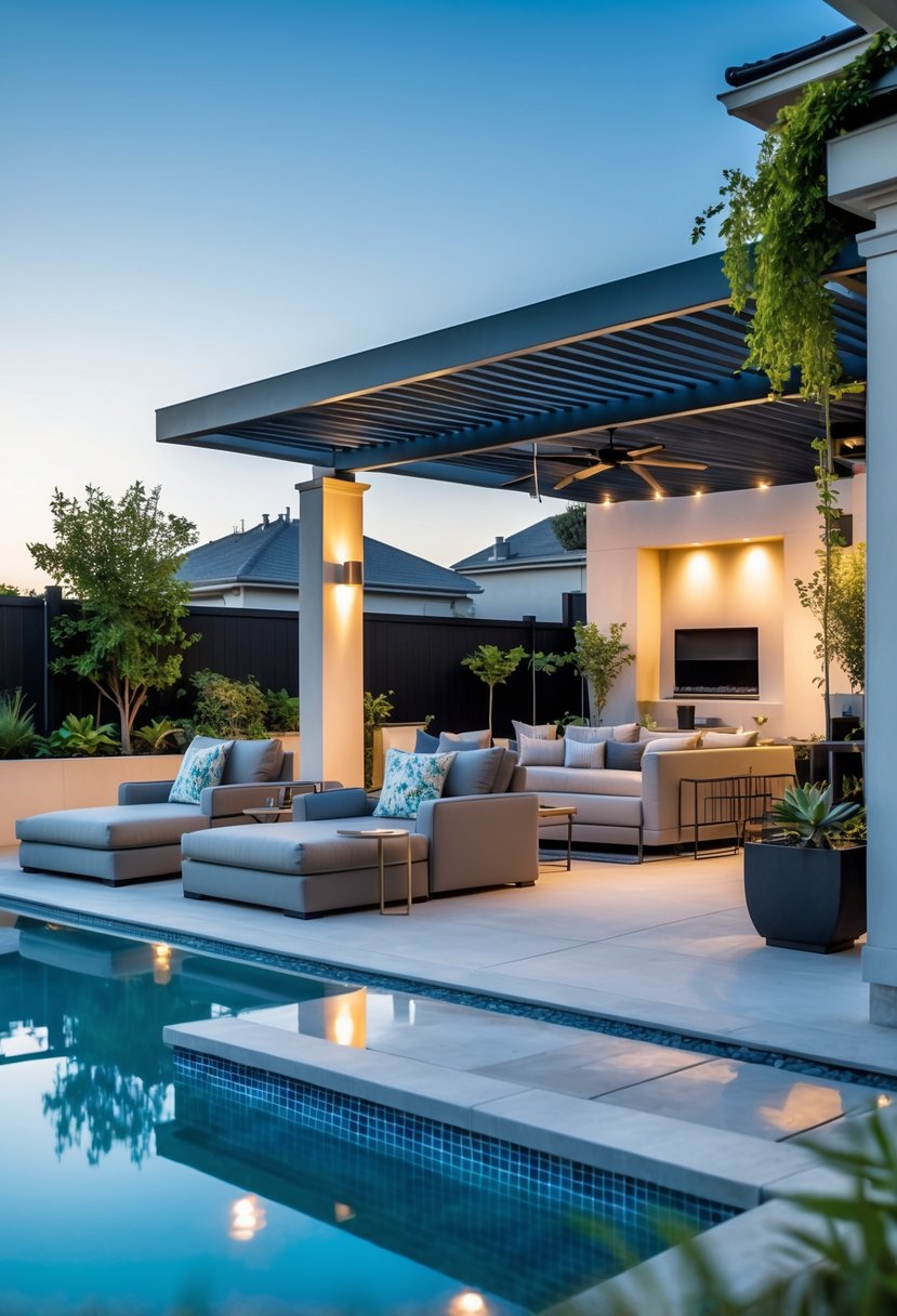 A luxury backyard pool area with comfortable outdoor seating, lounge chairs, a sofa set, and greenery under a clear sky.