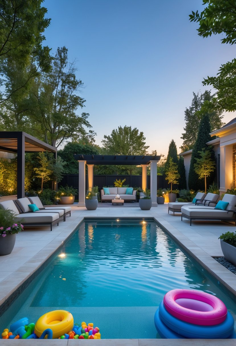 A backyard with a swimming pool, lounge chairs, pool toys, and surrounding plants under a clear sky.