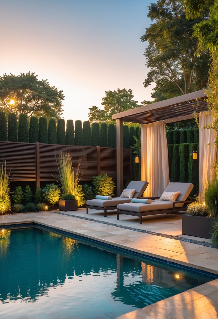 A backyard with a modern swimming pool surrounded by tall wooden fences, green plants, lounge chairs, and a pergola, bathed in warm sunlight.