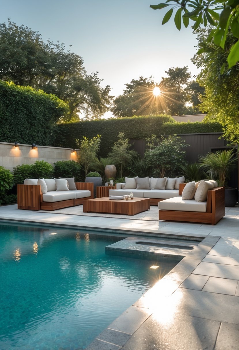 A luxury backyard pool area with clear water, stone decking, wooden outdoor furniture, and lush green plants.