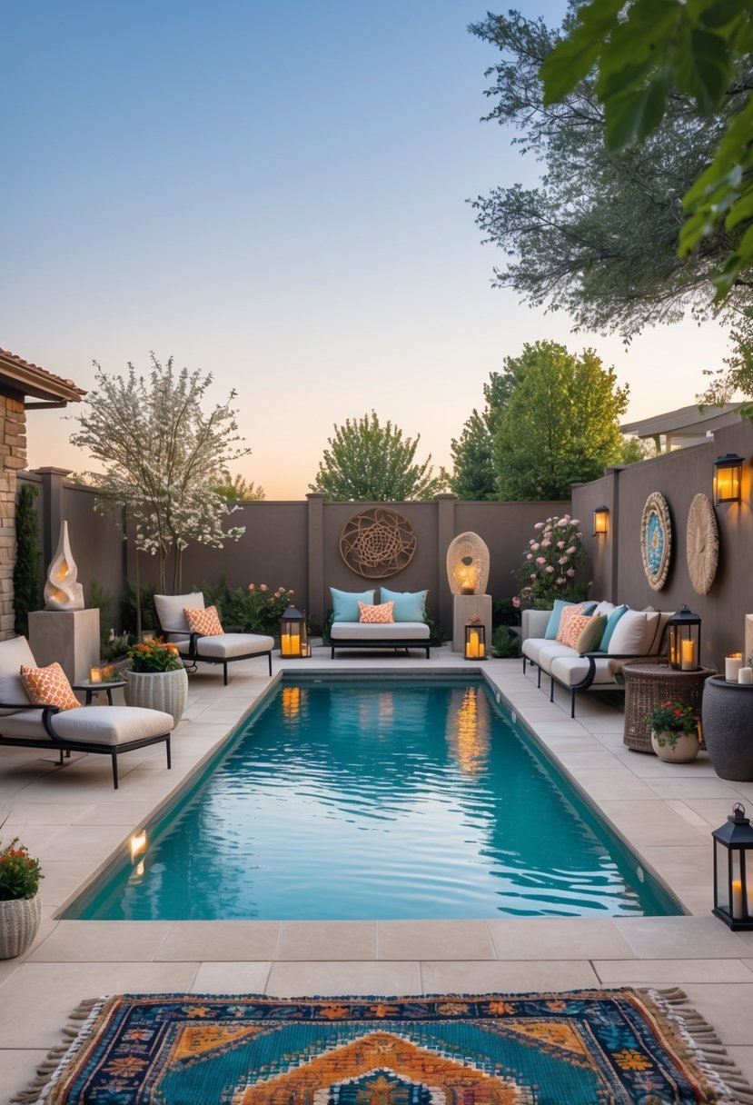 A luxury backyard pool area with comfortable lounge chairs, a fire pit seating space, and lush landscaping under a clear sky.