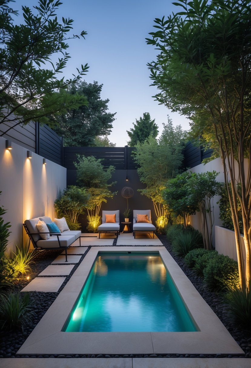 A small backyard with a clear rectangular pool, lounge chairs, green plants, and stone decking.