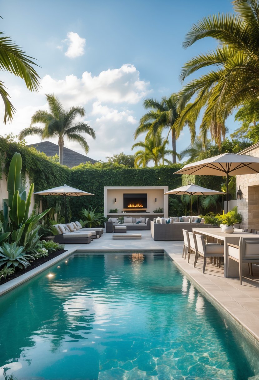 A luxury backyard with a large swimming pool surrounded by plants, lounge chairs, outdoor furniture, and a clear sky.