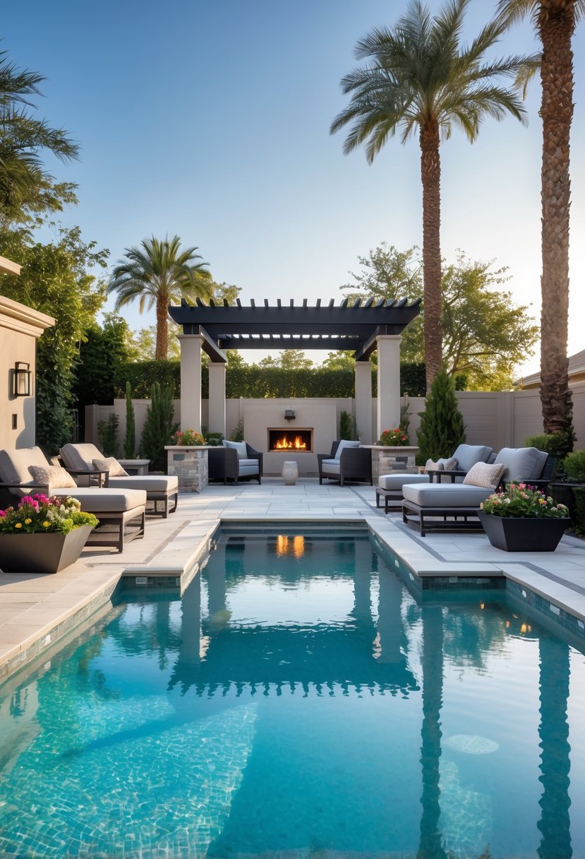 A luxurious backyard pool area with stone decking, lounge chairs, pergola, palm trees, and outdoor lighting.