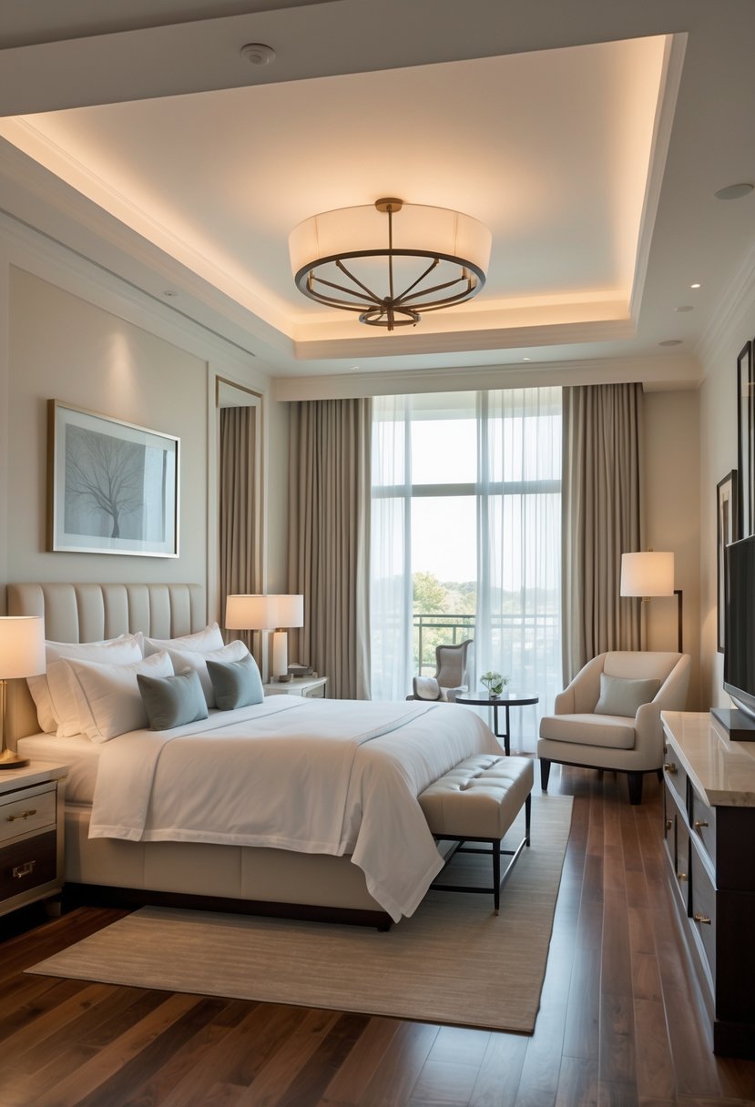 A spacious master bedroom with a king-sized bed, large window, seating area, and elegant decor.
