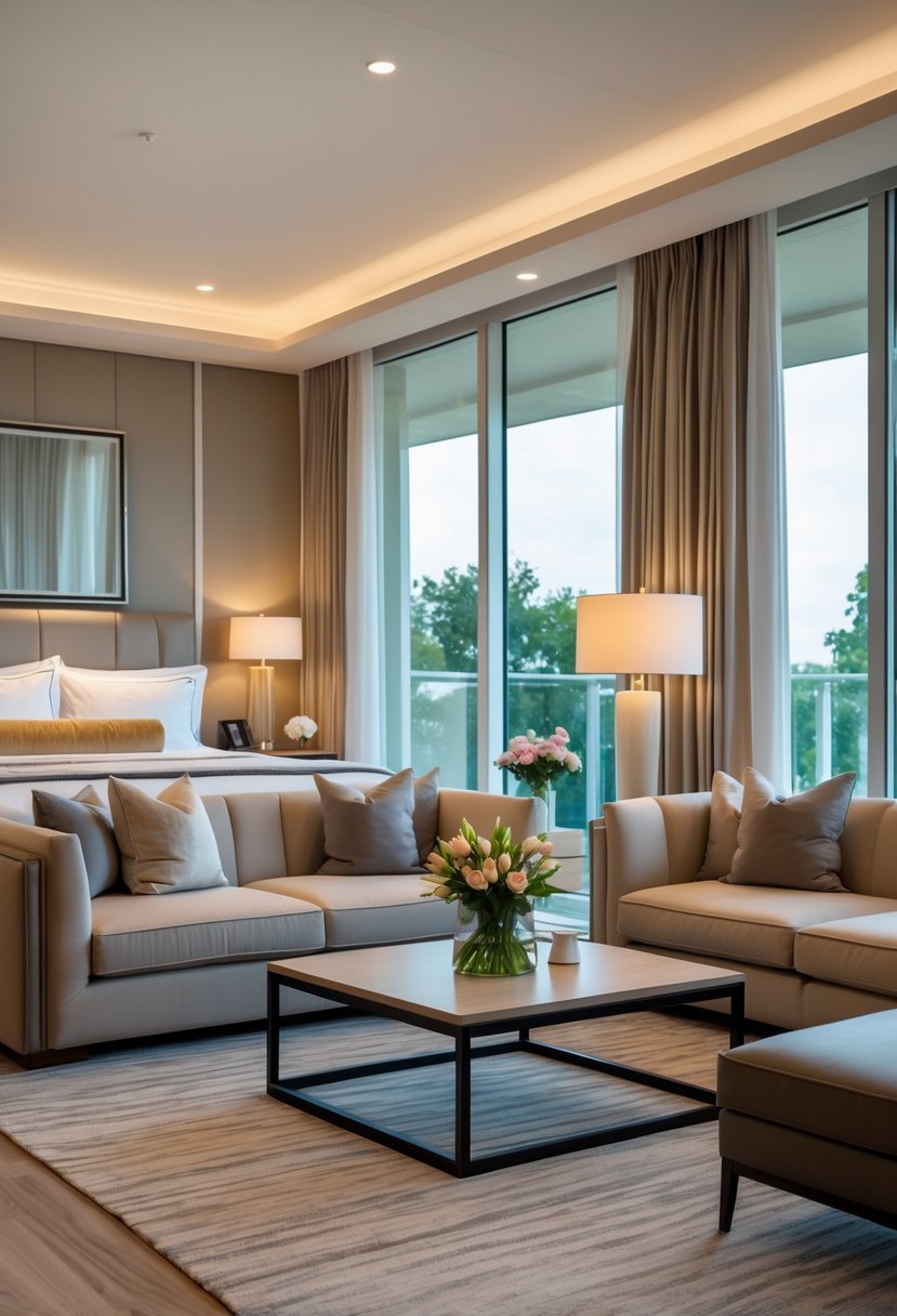 A spacious bedroom with a comfortable sitting area featuring a sofa, coffee table, large windows, and a king-size bed.