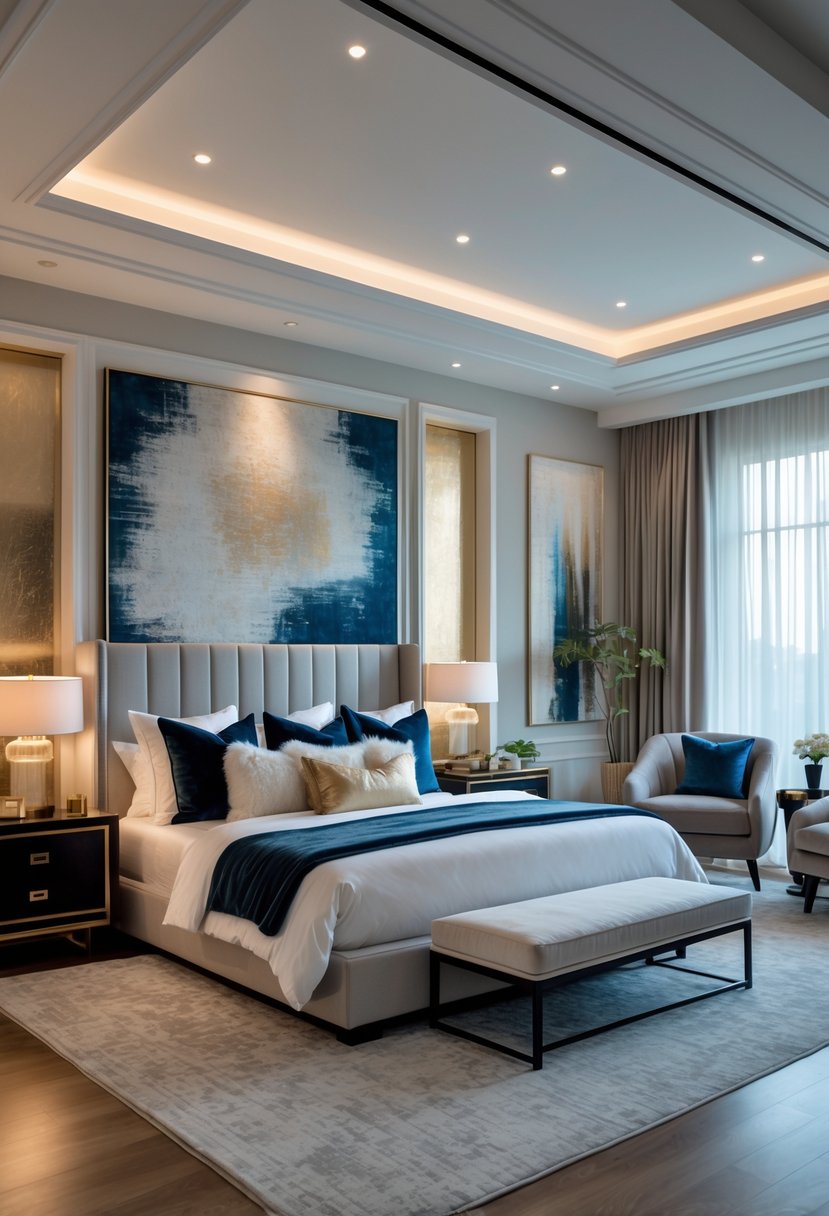 A spacious master bedroom with a king-sized bed, bedside tables with lamps, large windows with curtains, and a seating area.