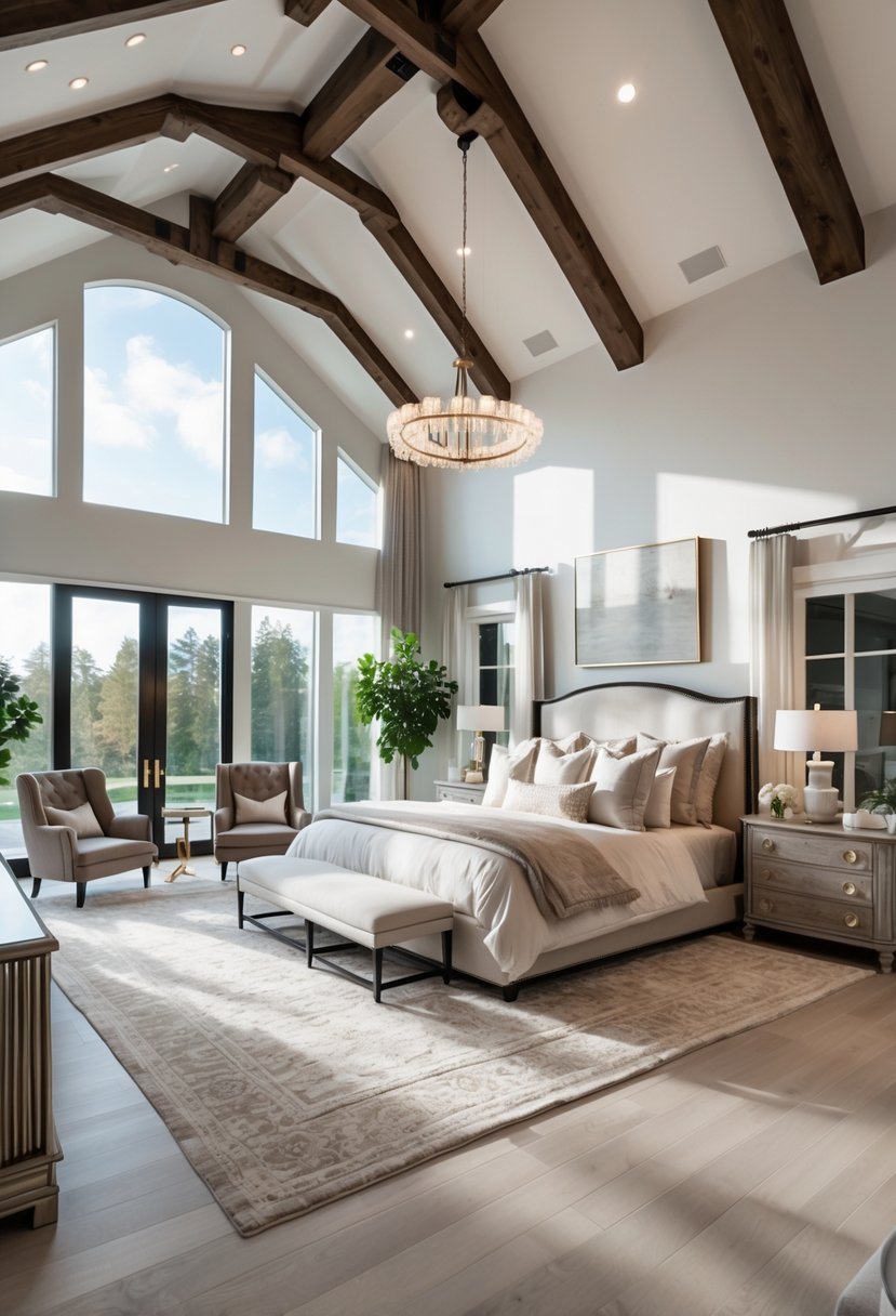 A spacious master bedroom with vaulted ceilings, large windows, a king-sized bed, and elegant furniture.