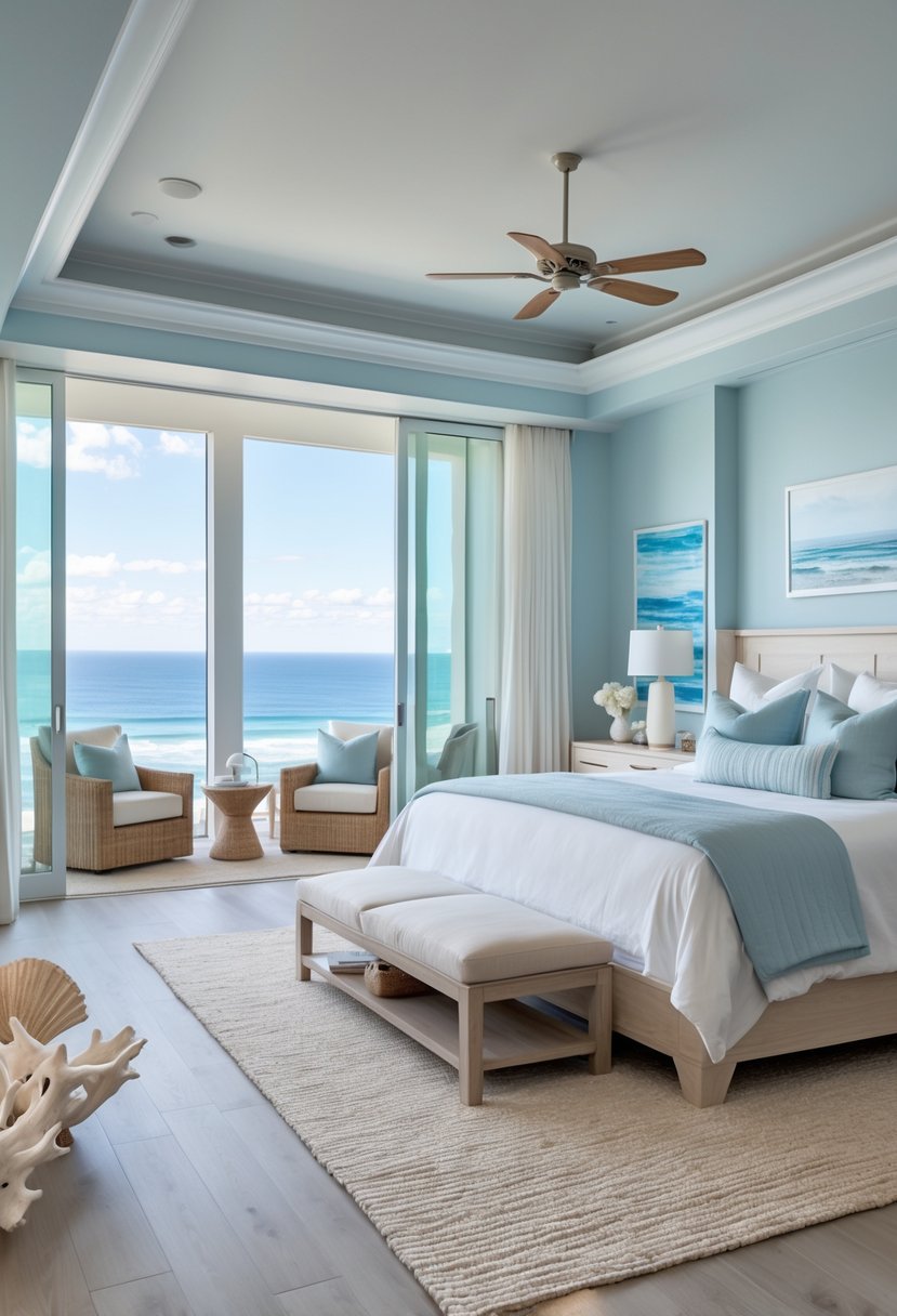 A spacious master bedroom with a large bed, ocean view through tall windows, and coastal-themed decor.