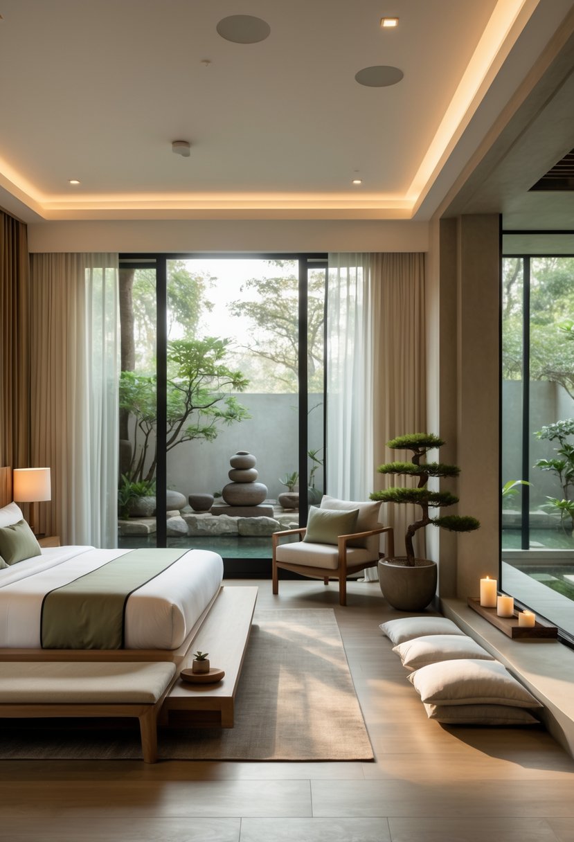 A spacious master bedroom with a king-sized bed, natural light, wooden furniture, a small indoor water feature, and yoga accessories near a large window overlooking a garden.