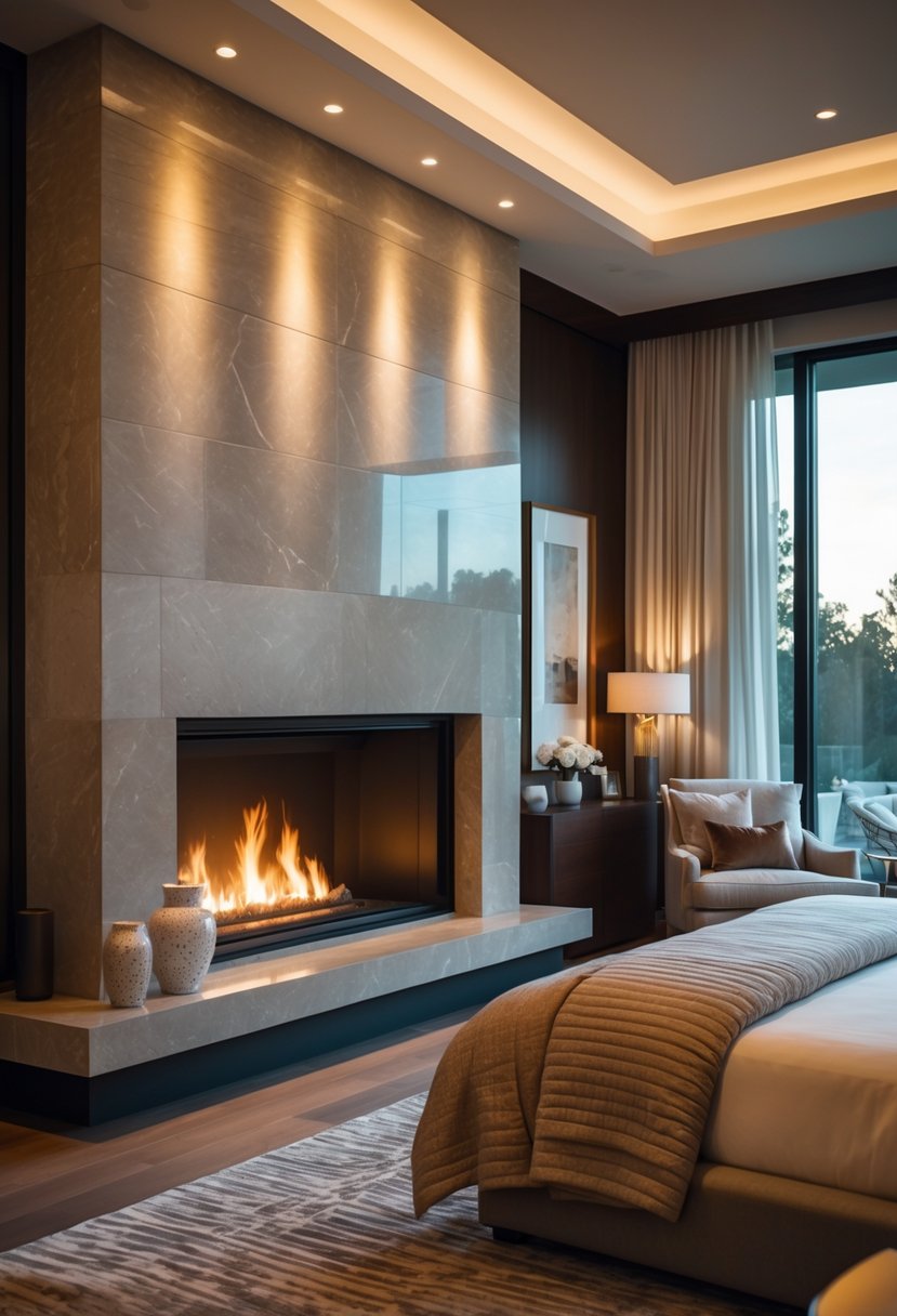 A spacious bedroom with a large modern fireplace, a king-sized bed, and warm lighting creating a cozy atmosphere.