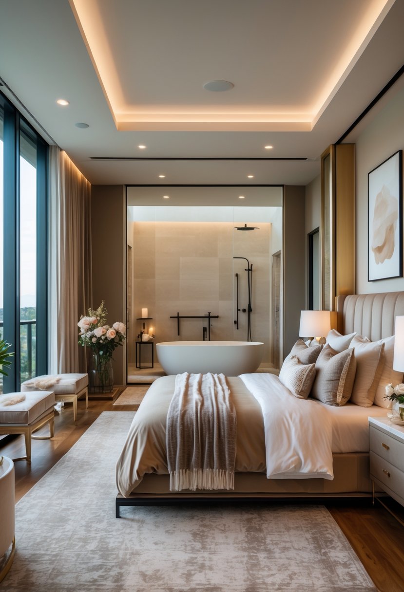 A spacious master bedroom with a king-sized bed and an open doorway leading to a modern ensuite bathroom featuring a bathtub, shower, and double sinks.