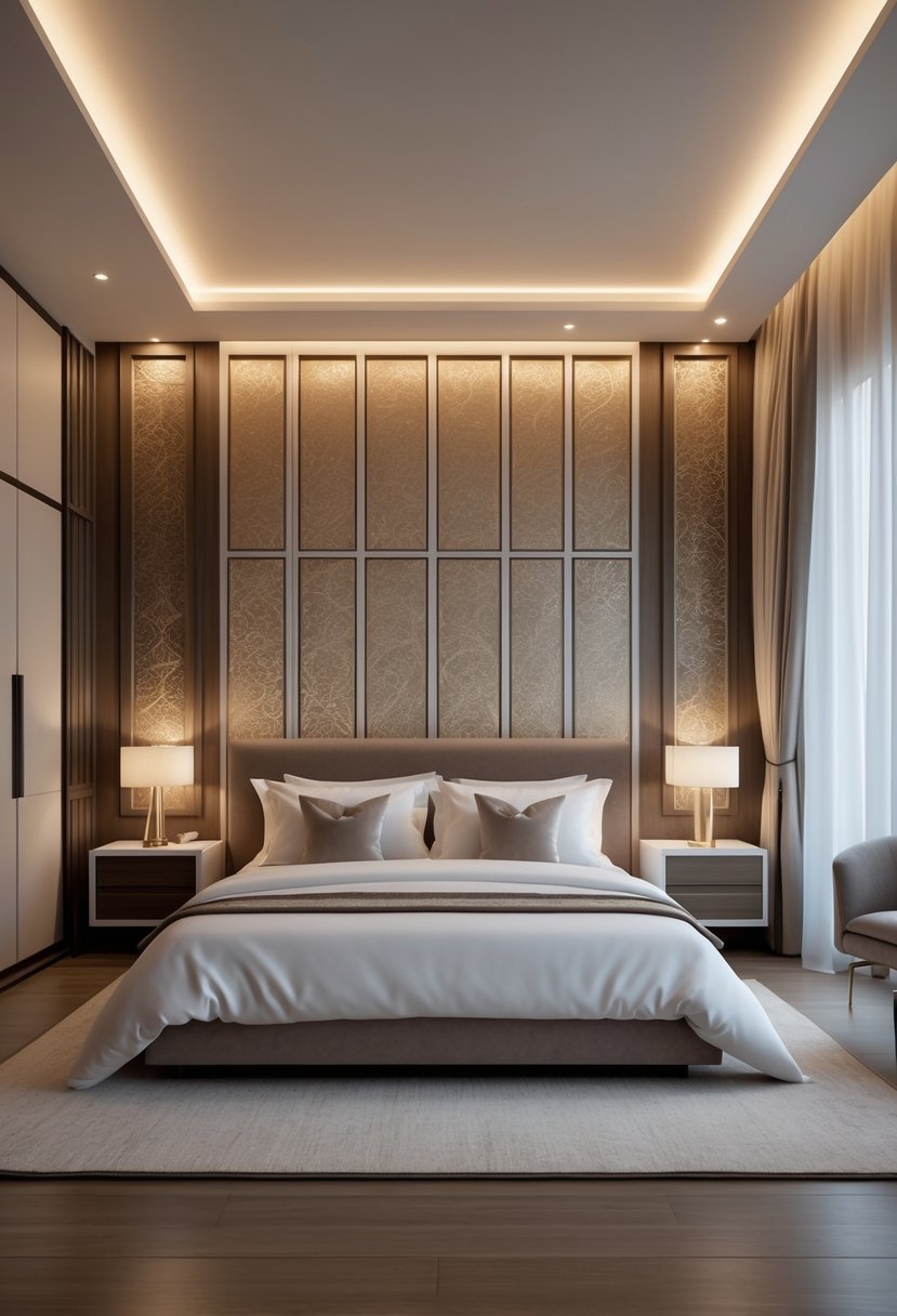 Spacious master bedroom with a large bed centered against a decorative feature wall and elegant panels, soft lighting, and a window with sheer curtains.