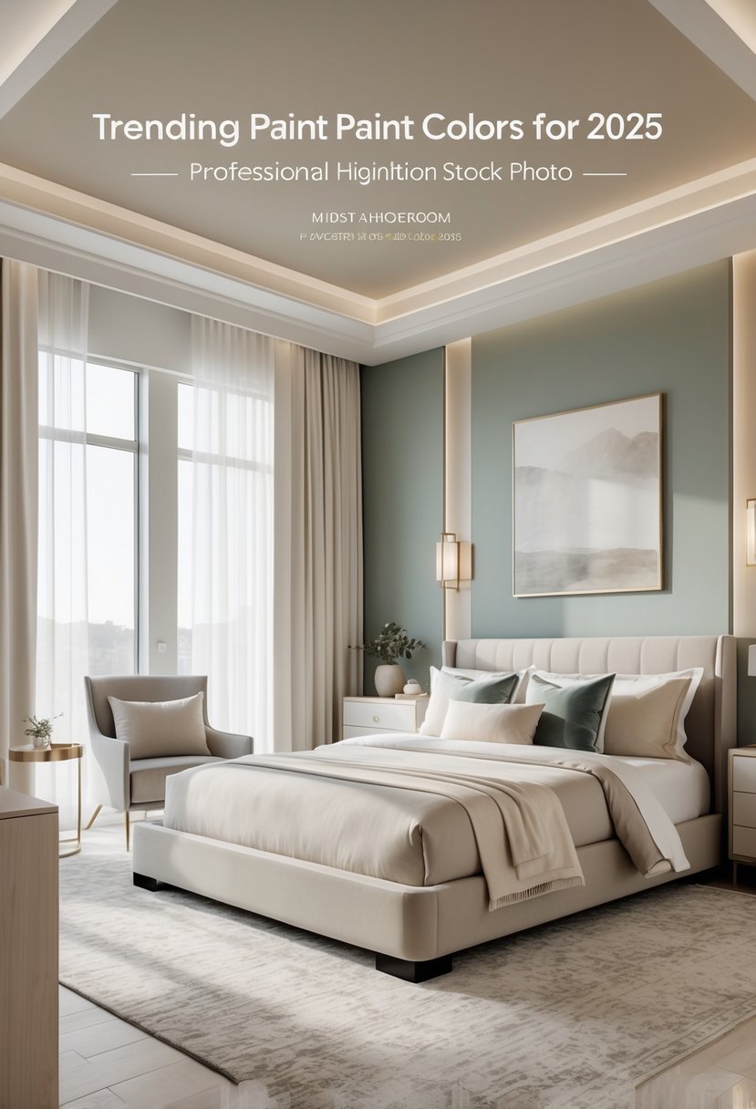 A spacious luxury master bedroom with a king-sized bed, soft muted wall colors, natural light from large windows, and elegant furniture.