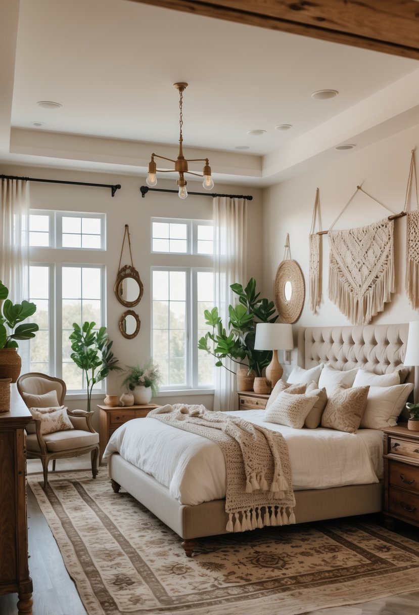 A spacious master bedroom with a large bed, wooden nightstands, potted plants, and natural light coming through large windows.