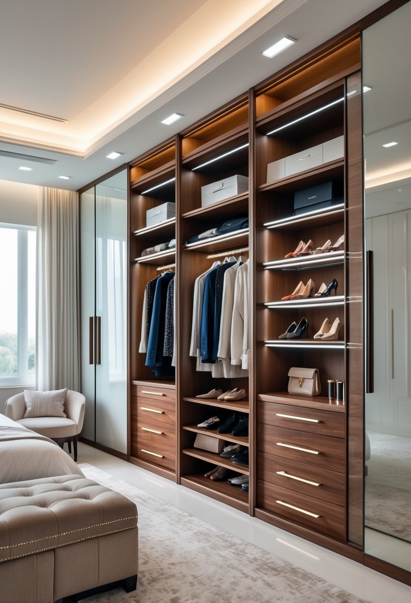 A spacious walk-in closet in a master suite with organized shelves, clothing, shoes, and smart storage features.