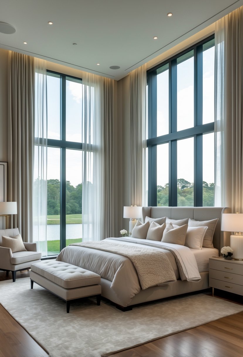 A spacious master bedroom with a king-sized bed centered between large windows that let in natural light.