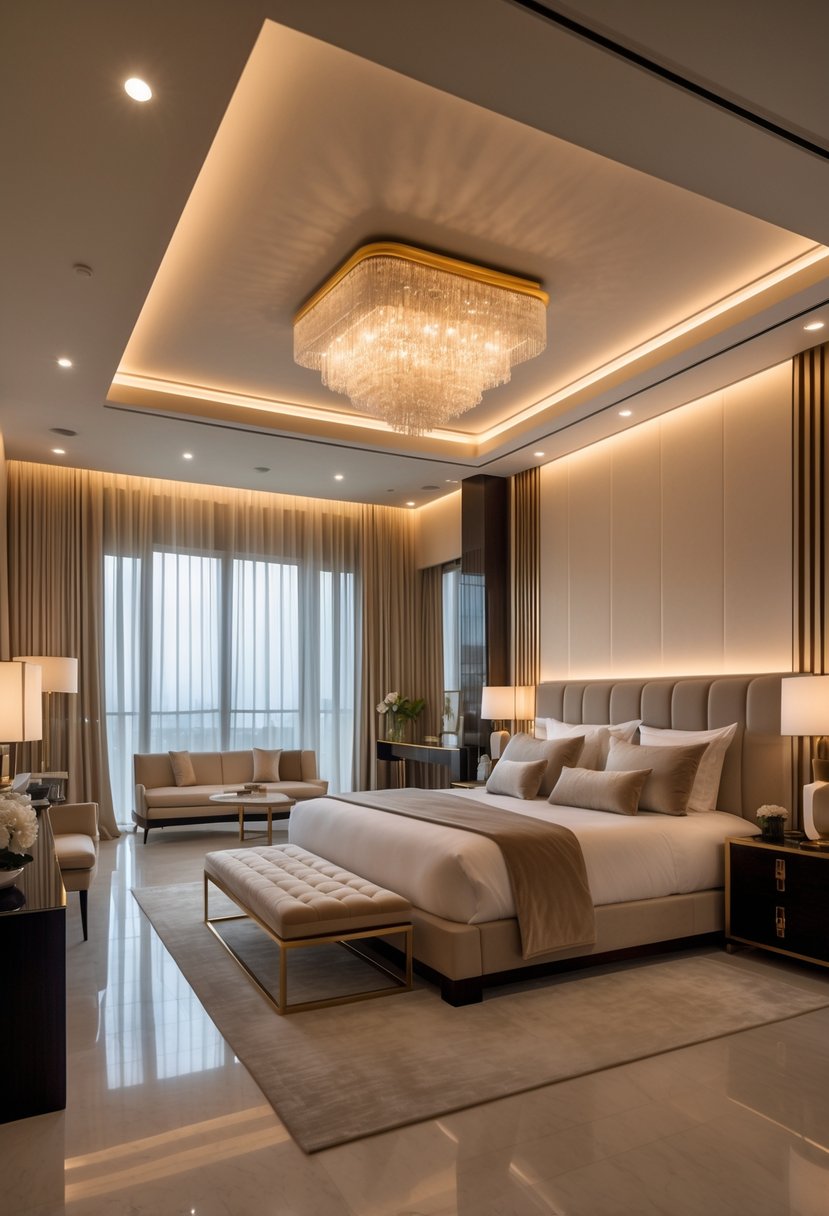 A spacious master bedroom with a large bed, elegant lighting fixtures, floor-to-ceiling windows, and a cozy seating area.