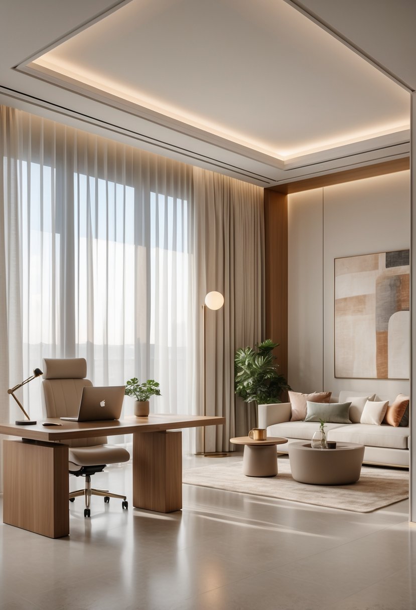 A luxury master suite combining an office area with a modern desk and chair and a cozy lounge space with a sofa and coffee table.