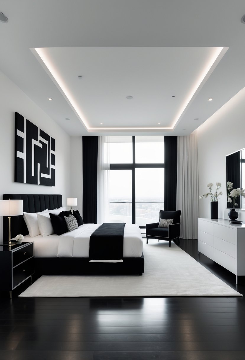A spacious master bedroom with a large bed, bedside tables, a floor-to-ceiling window, and modern furniture in black and white.