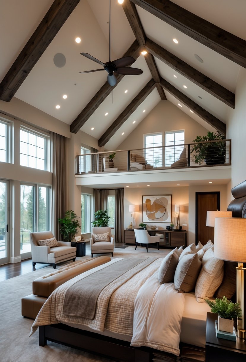 A spacious two-floor master bedroom with an attic sitting area, featuring a large bed, wooden beams, and natural light from big windows.