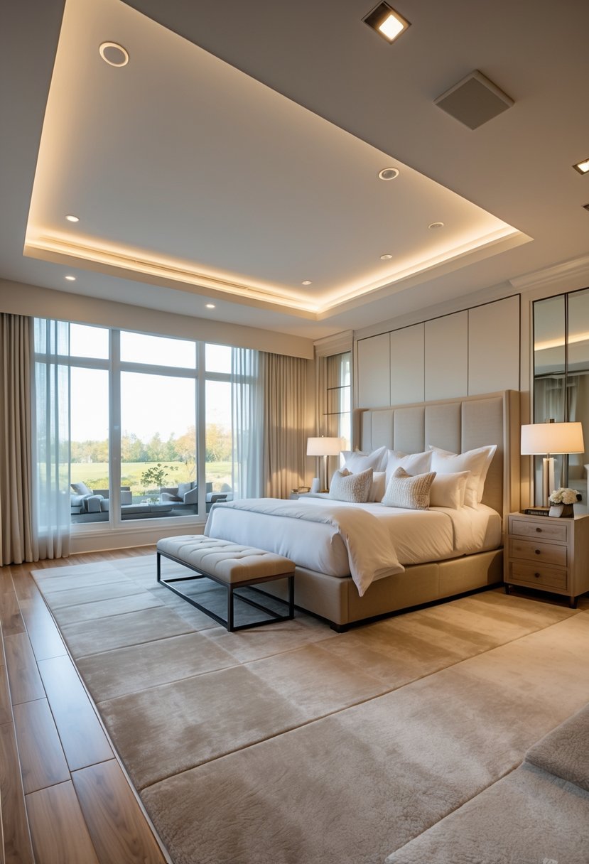 A spacious master bedroom with a plush carpet and wooden flooring accents, featuring a king-sized bed and natural light from large windows.