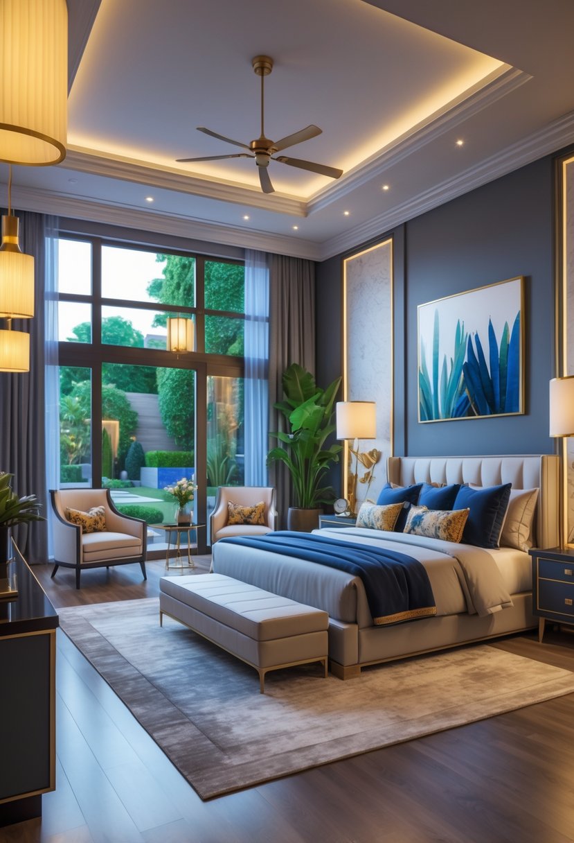 A spacious luxury master bedroom with a king-sized bed, sitting area, large windows, and elegant modern furnishings.