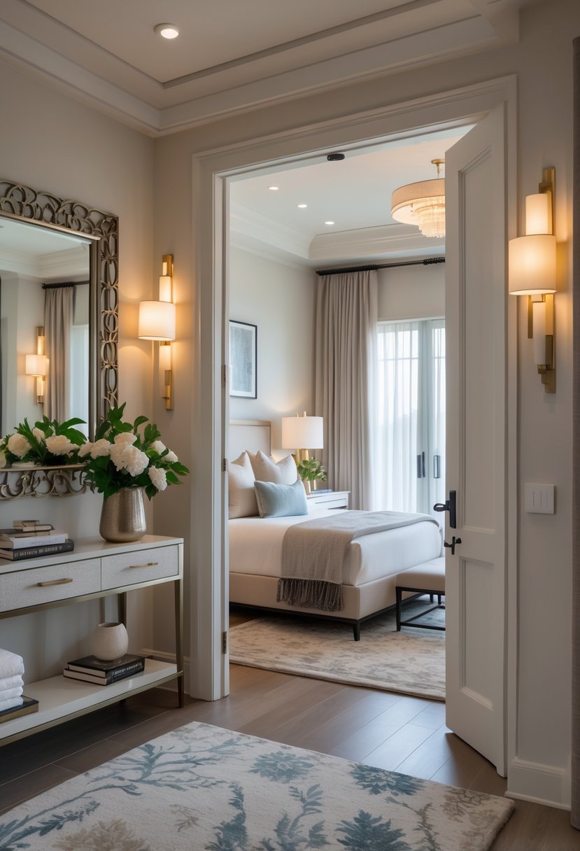 Entryway leading into a master bedroom with elegant decor, a king-sized bed, and personalized accents.