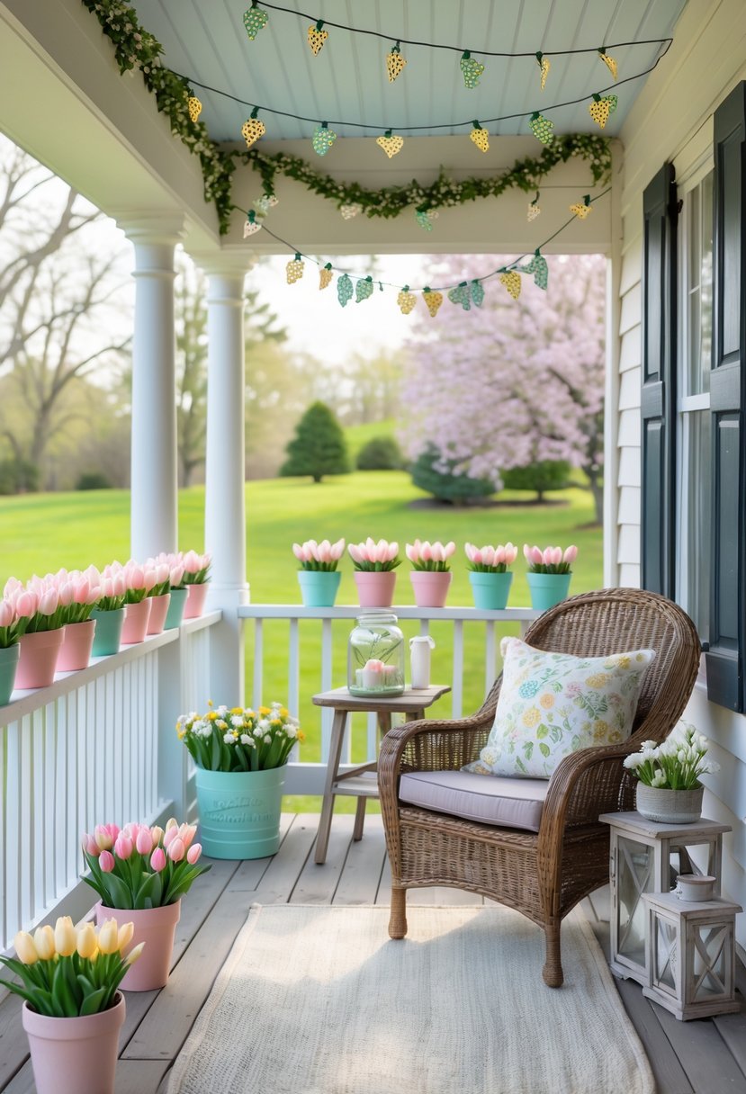A wooden porch decorated with pastel flower pots, a wicker chair with a cushion, a small wooden table with a lantern and flowers, string lights with greenery, and a garden in the background.
