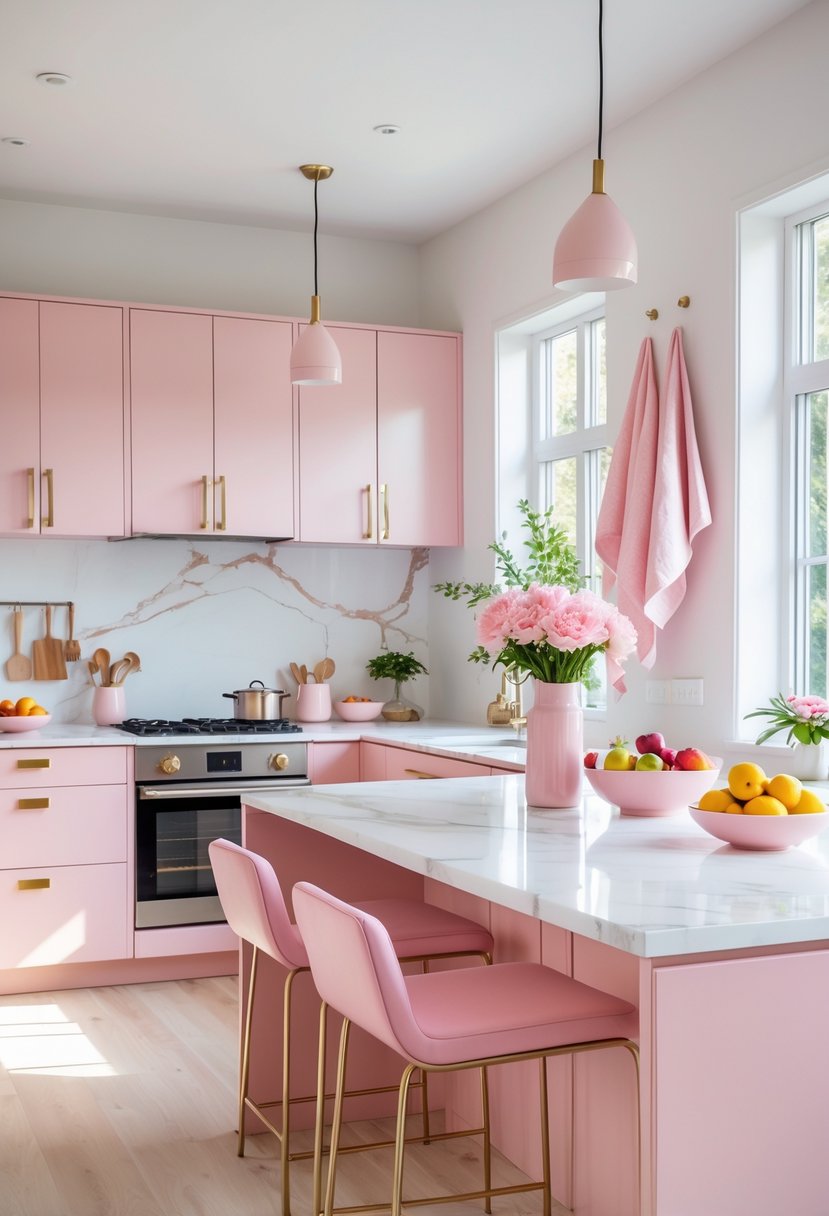 A modern kitchen with pink cabinets, pink bar stools, a marble countertop, and fresh flowers on the counter.