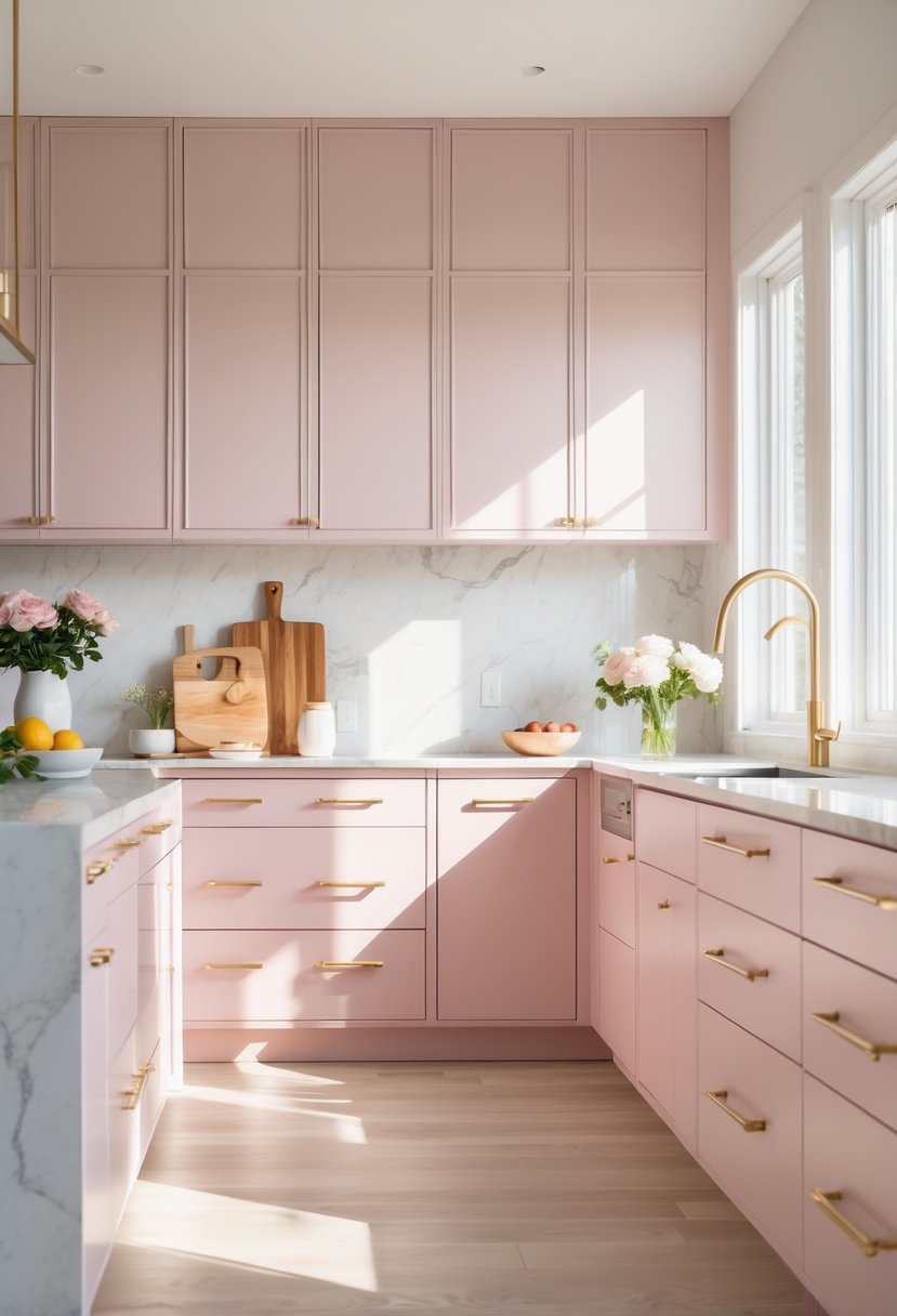 A bright kitchen with light pink cabinets, white marble countertops, a kitchen island, and natural sunlight coming through large windows.