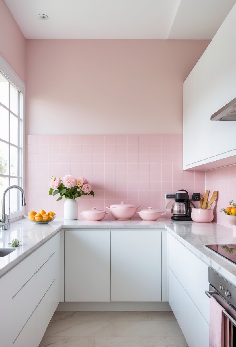 A bright kitchen with white cabinets and pink accents, featuring a marble countertop, fresh flowers, and natural light.