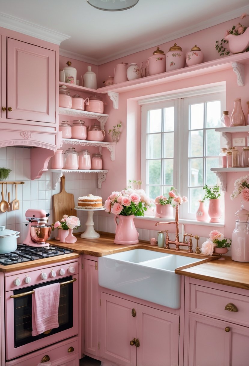 A bright kitchen with pink cabinets, vintage appliances, flowers on the counter, and kitchenware arranged on shelves.