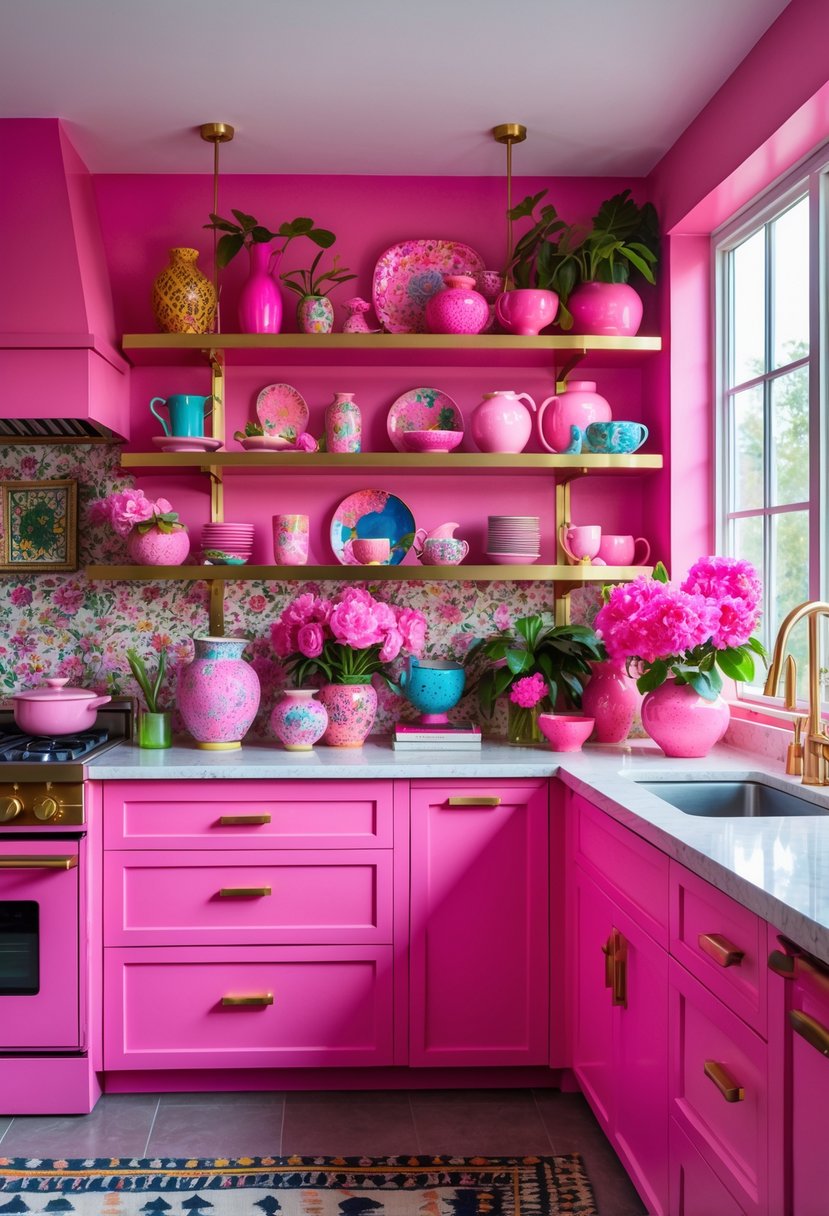 A bright kitchen with pink cabinets, gold hardware, decorative vases, plants, and patterned dishware arranged on shelves and countertops.